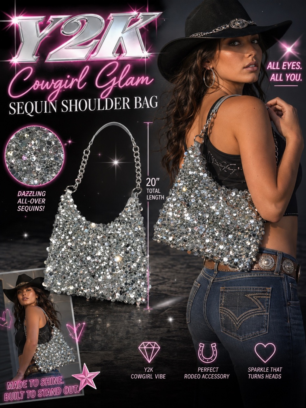 Y2K Cowgirl Glam Sequin Shoulder Bag - Silver